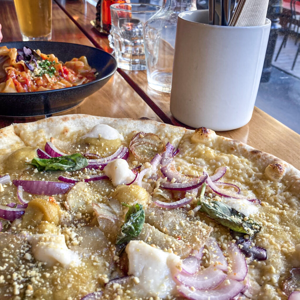 Vegan Potato Pizza and Red vegan pasta Pasta