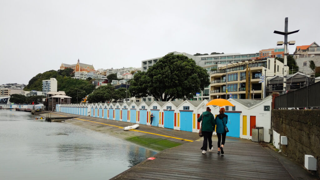 Ashley and Gabby walking down wellington waterfront in the rain
