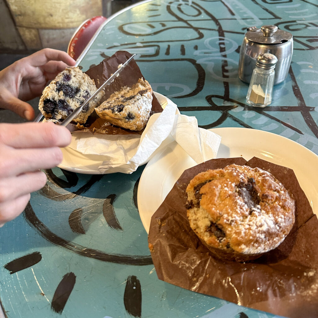 Two chocolate chip muffins at delux cafe