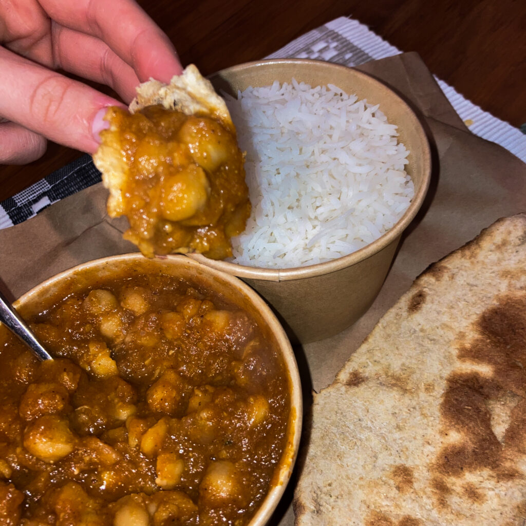 Maharajas chickpea curry with rice and naan - Christchurch vegan Indian food