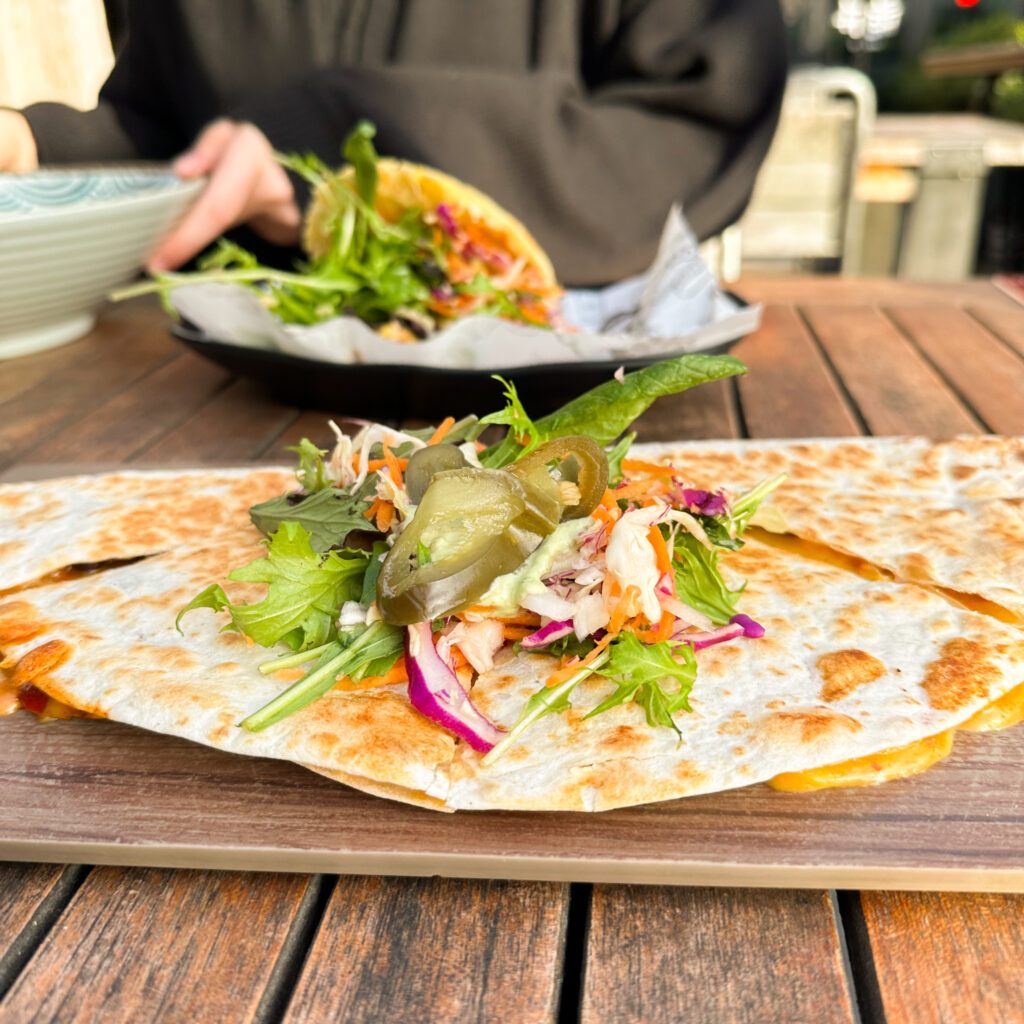 Caribe Latin Kitchen quesadilla with vegan cheese at little high 