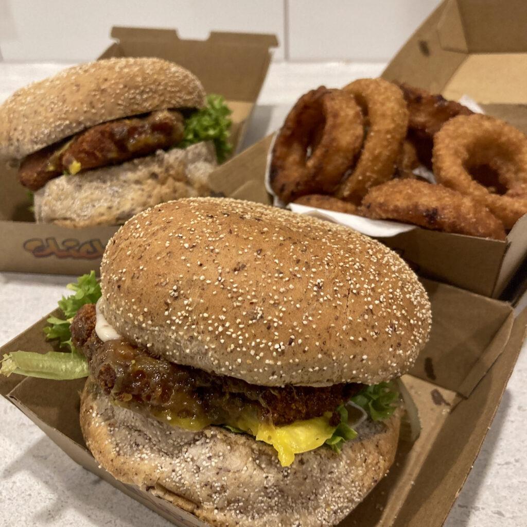 Vegan Burger and onion rings from slick burger